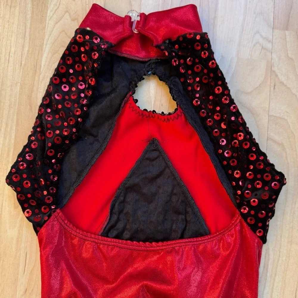 Leo's Costume Leotard Red Black Fringe Sequins Large Dance Tap Jazz Halloween